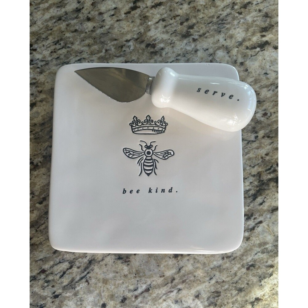 Rae Dunn Cheese Plate & Serve Knife Set Bee Kind - Crowned Bee Design
